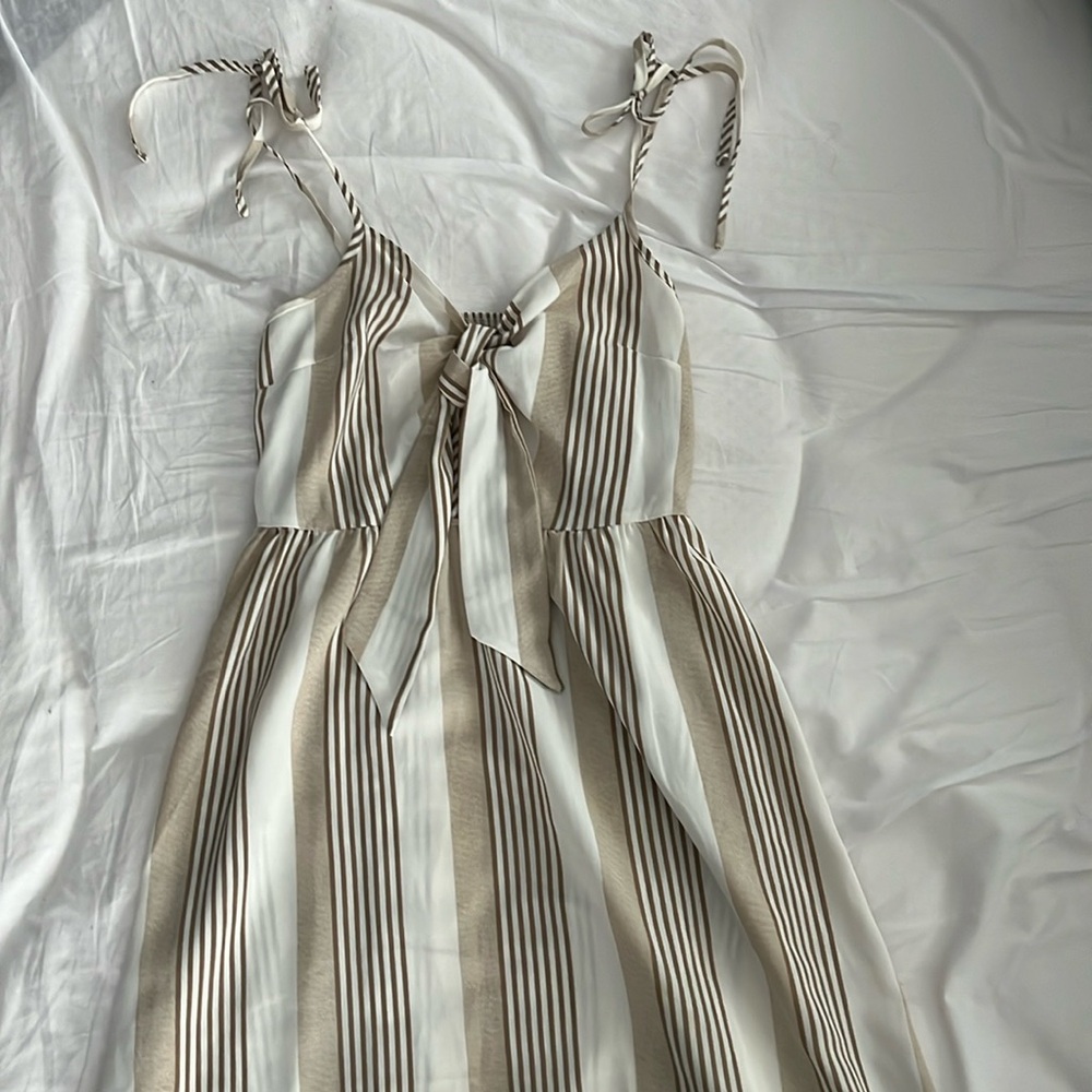 Tan and white shoulder tie shein midi dress
